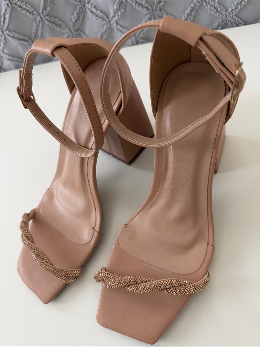 Nude Block Heel Ankle Strap Sandals